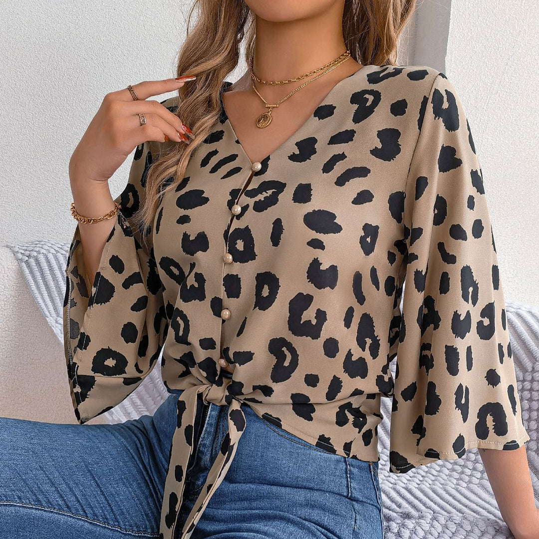 Dame Elegant Blusenskjorte med Leopardskprint og Knapdetalje Stilla