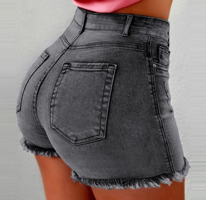 Dame højtaljede denim-shorts med frynset kant Skovae