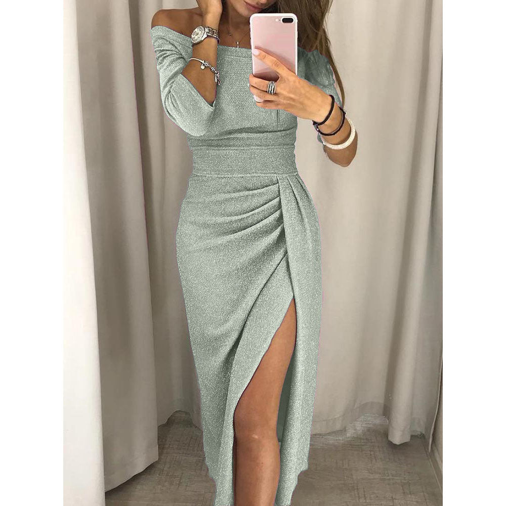 Dame Glinsende Off-Shoulder Aftenkjole med Høj Slids og Drapering Stiila