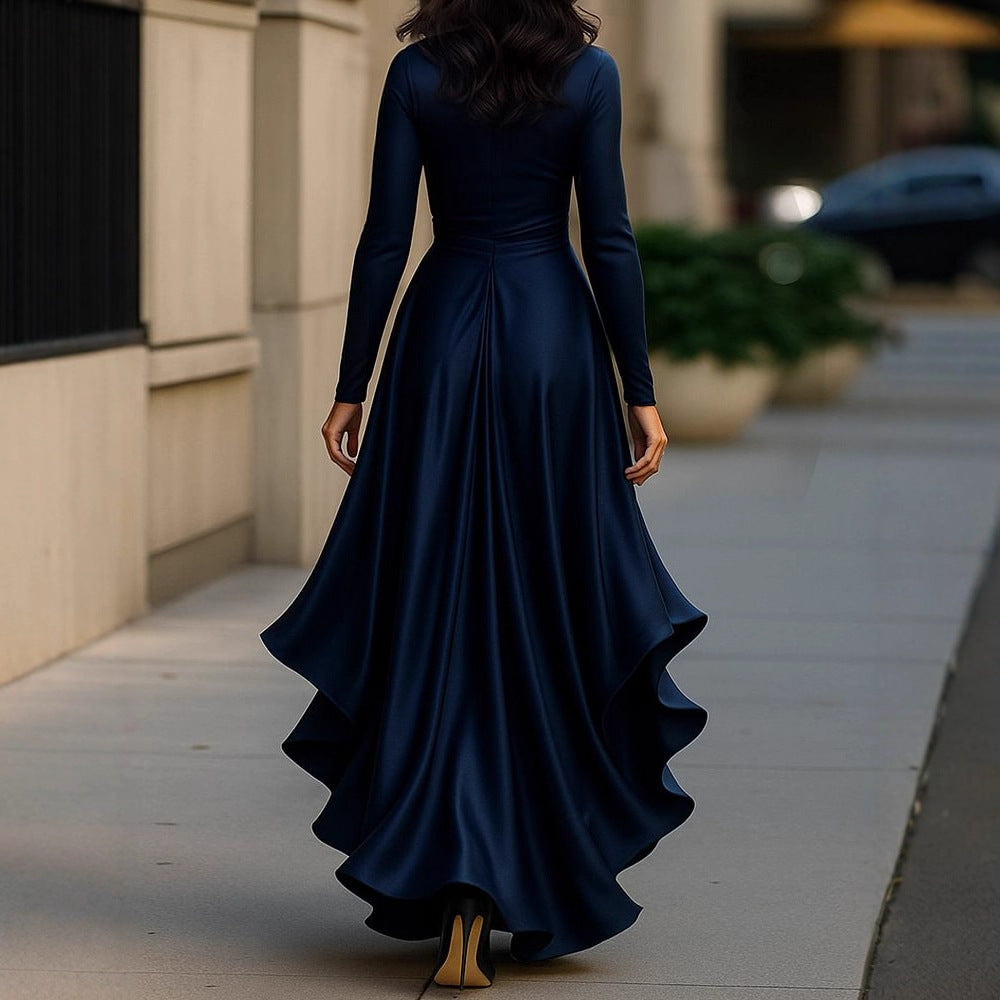 Damer Elegant Vavledress med Rynker og Højlaget Kant Skovae