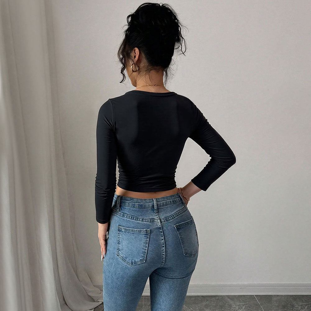 Kvinders Crop Top med Dekorativ Knude og Lange Ærmer Stilla
