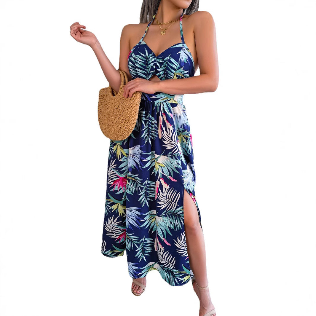 Dame maxikjole med tropisk print og cut-out design Stilla