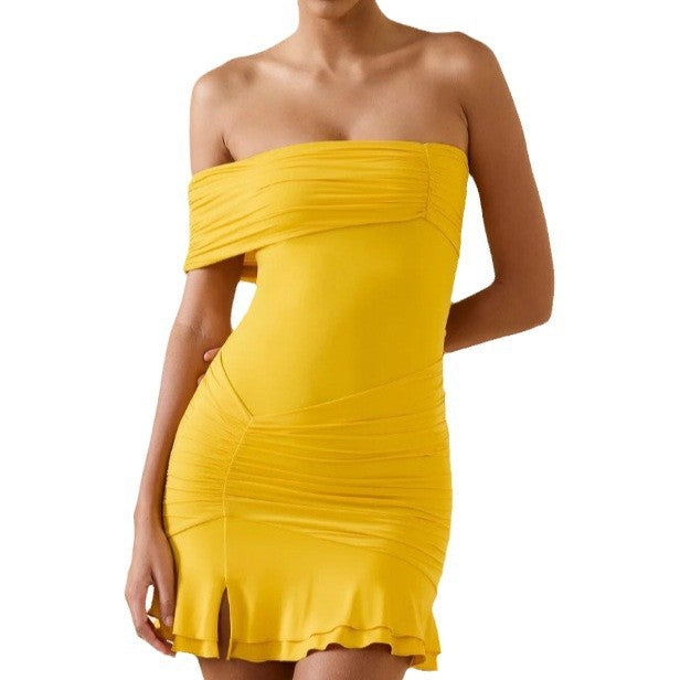 Dame Off-Shoulder Minikjole med drapering og sidelængde slids Stilla