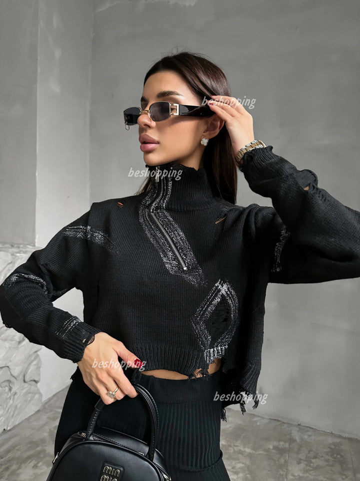 Kvinders cropped sweater med lynlås og frynse detaljer Stilla
