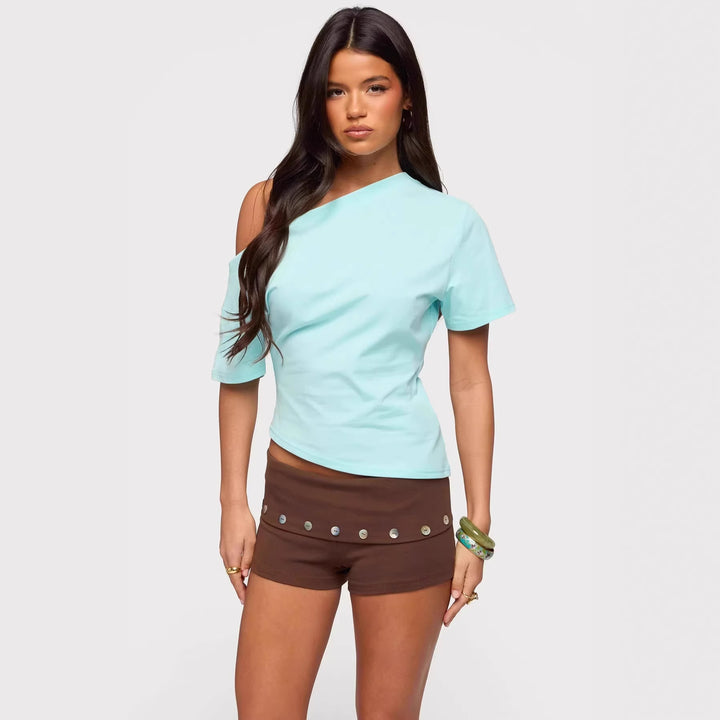 Dame asymmetrisk top med off-shoulder design og korte ærmer Skovae