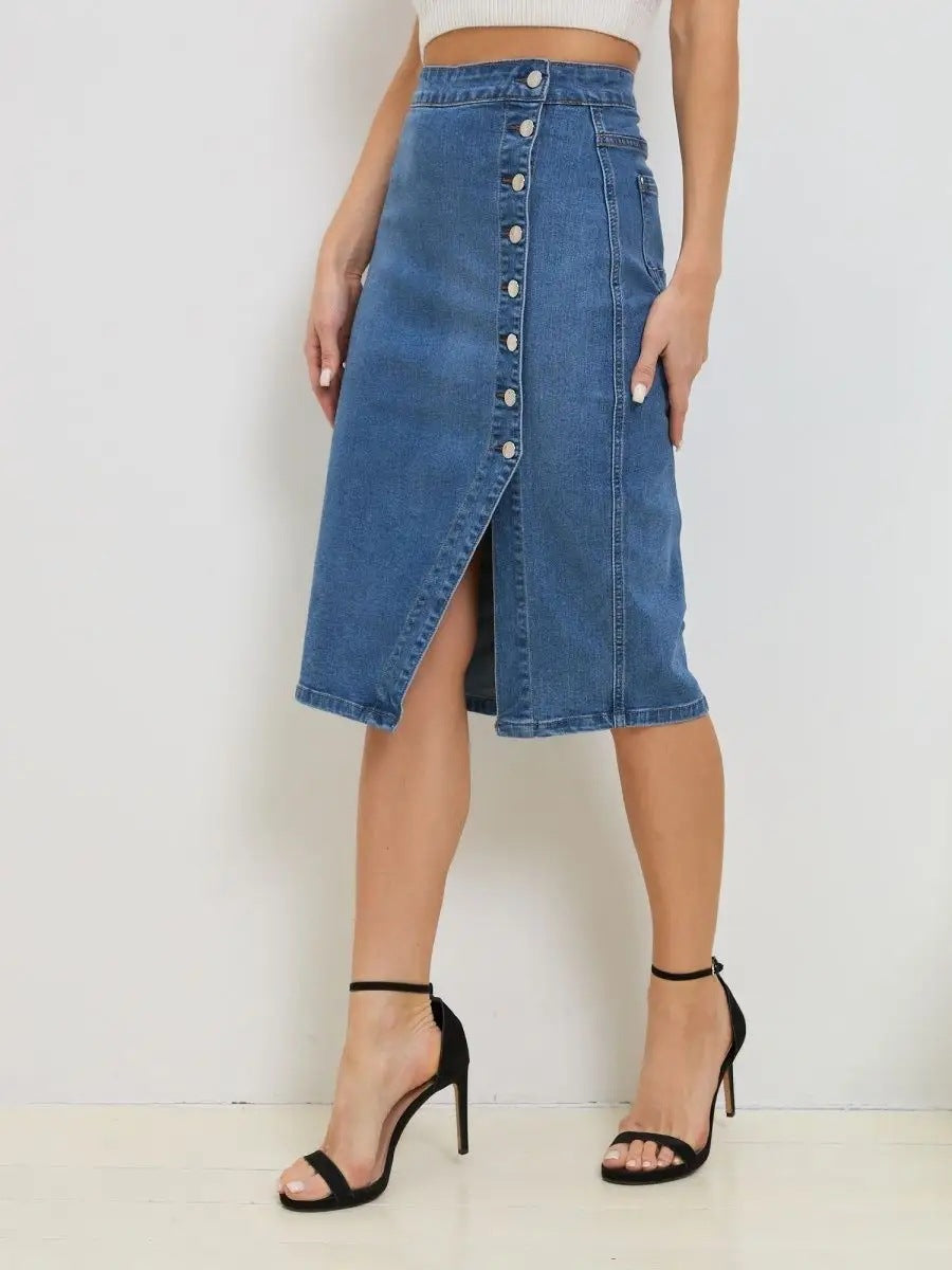 Dame Denim-Midi nederdel med knaplukning og høj talje Stilla