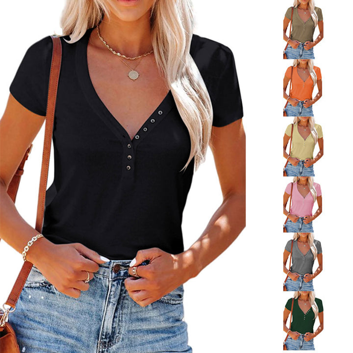 Dame V-hals top med fashion knapper Stilla