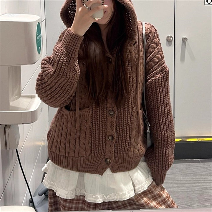 Kvinders chunky strikket cardigan med hætte og store lommer Stilla