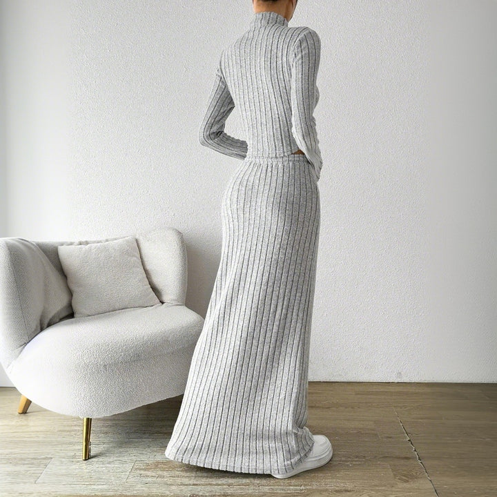 Kvinder Langærmet Crop Top og Maxi Skirt Sæt med Elegant Rib Struktur Stilla
