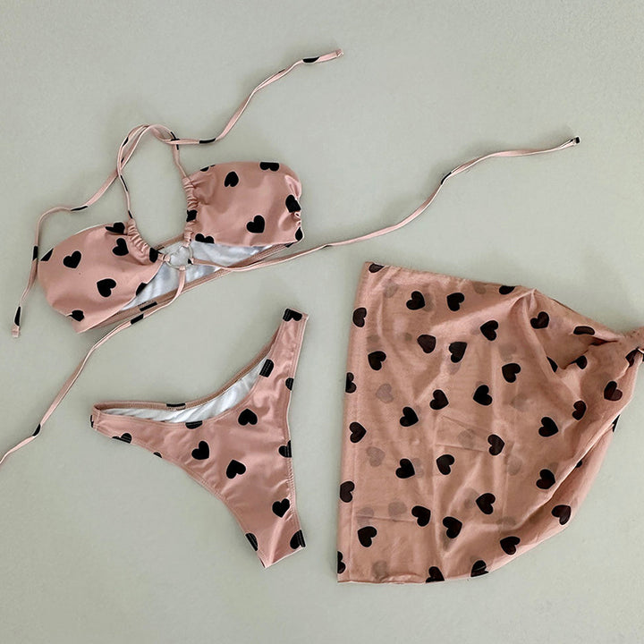 Femme Hjerteprint Bikini-sæt med flydende Nederdel Stilla