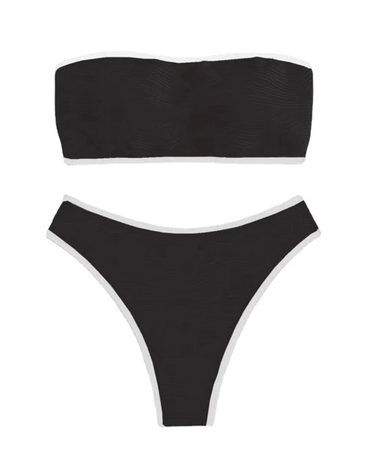 Dame Bandeau Bikini-sæt med struktureret design og kontrastfarvede afslutninger Stilla