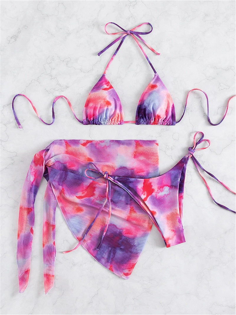 Dame triangel-bikini-sæt med blomsterprint indpakningsskørt og justerbare stropper Skovae