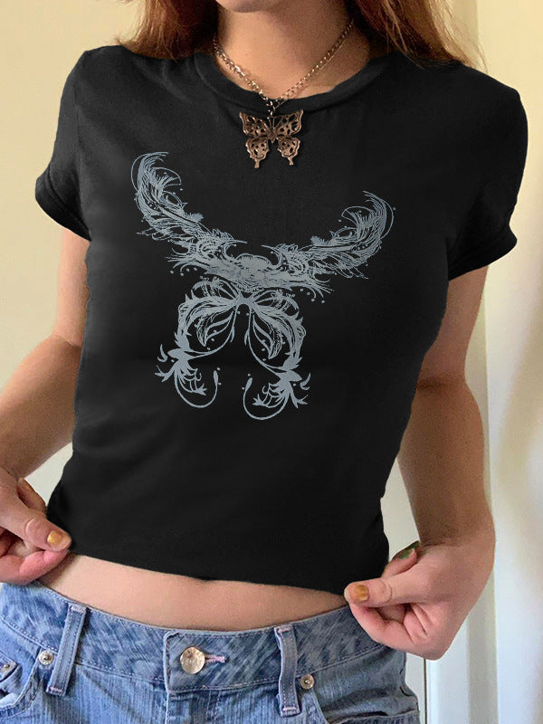 Dame T-shirt med legende kattemotiv og sarte vinger Skovae