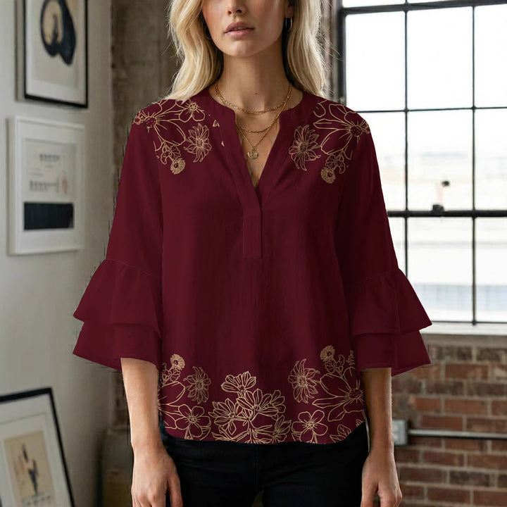 Damebluse med voluminøse rynkede ærmer og blomstertryk Skovae