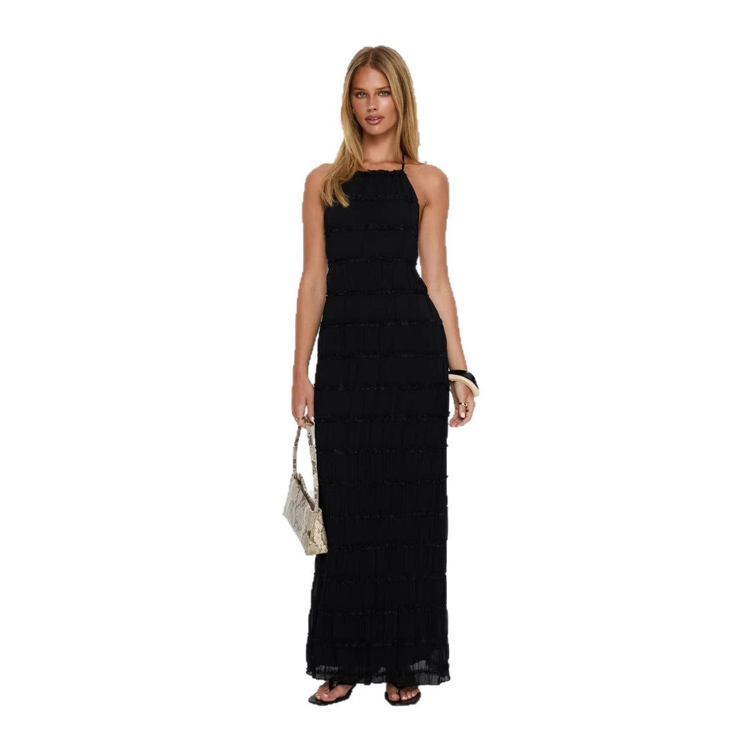 Dame maxikjole med off-the-shoulder design og flydende flæser Skovae