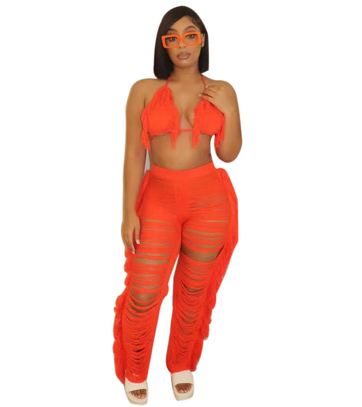 Dame Strandoutfit med frynset Crop-Top og afslappet Bukser Stilla