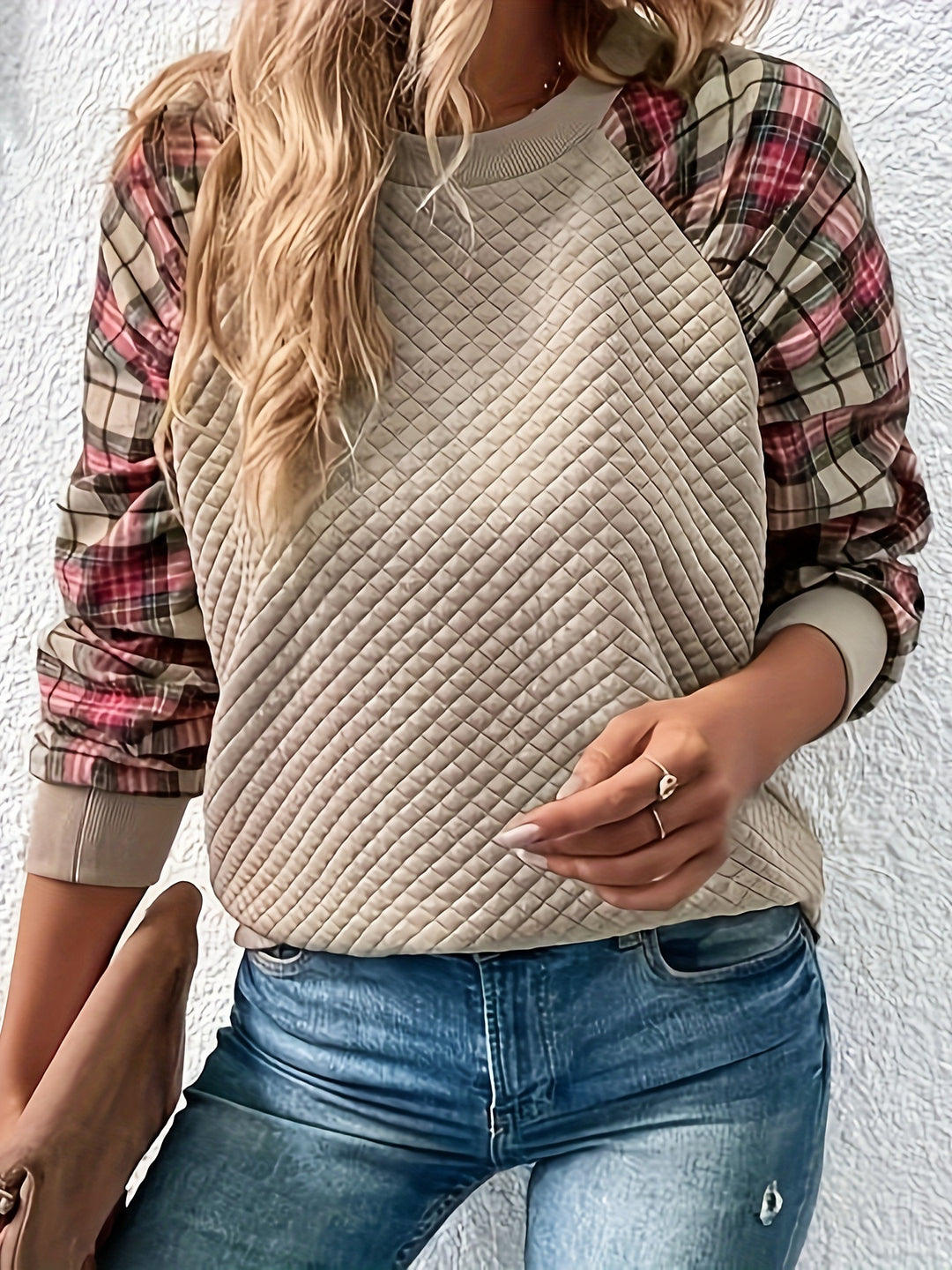 Dame sweatshirt med ternet mønster og quilt design Stilla