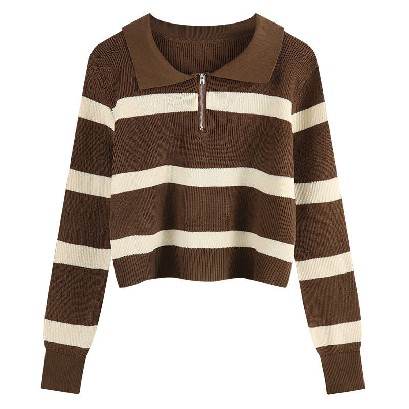 Kvinders strikket sweater med lynlås og stribemønster Stilla