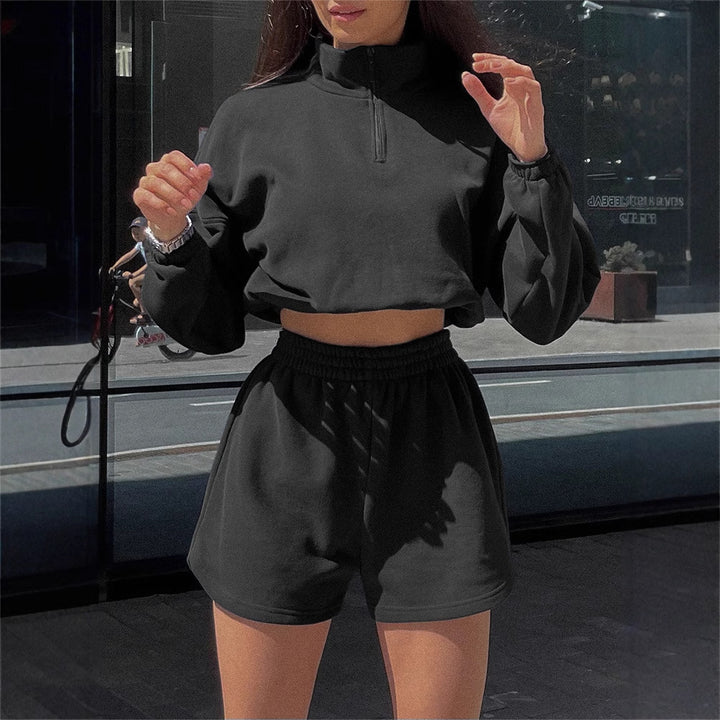 Kvinders sporty cropped top og shorts sæt med lynlås og elastisk talje