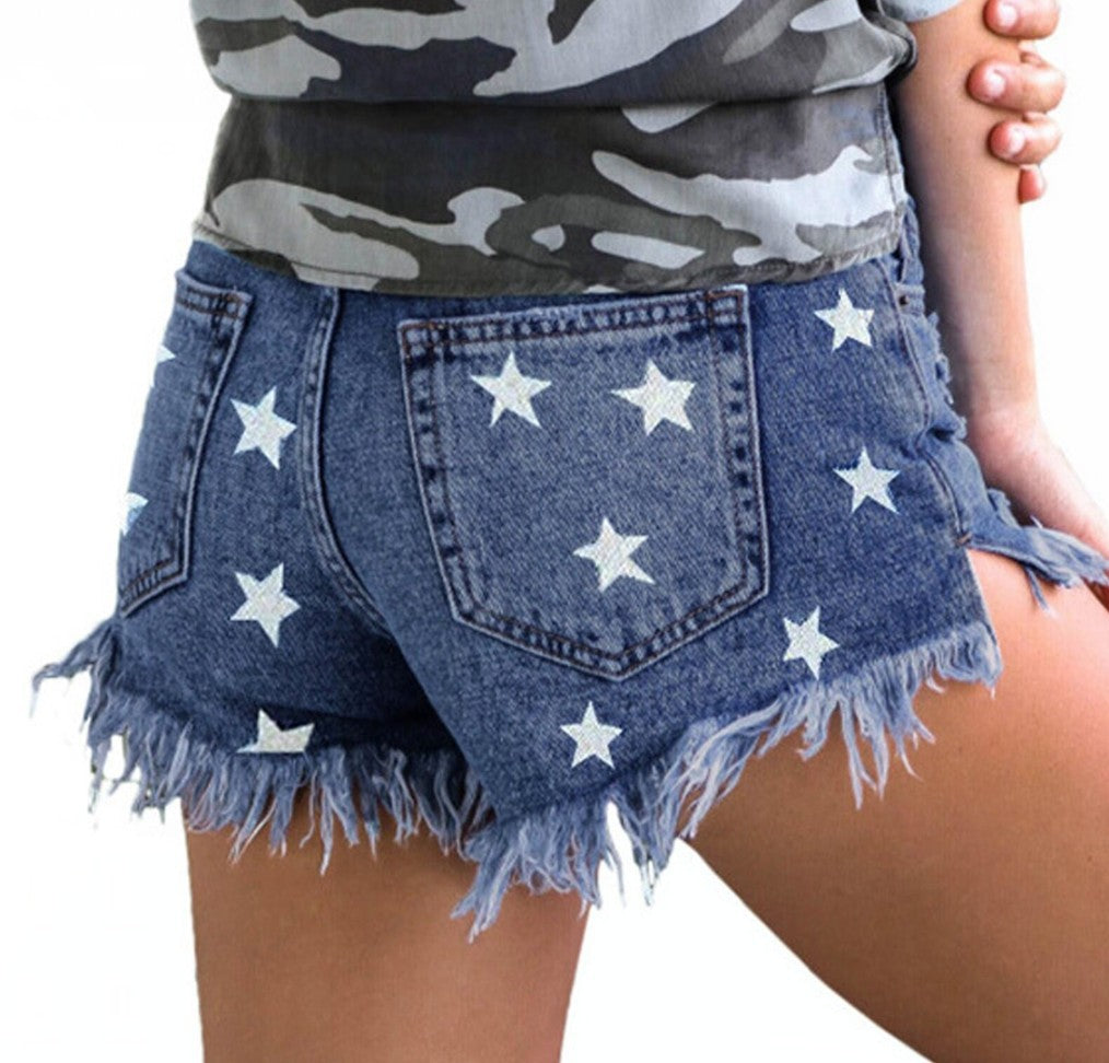 Dame Mode Denim-Shorts med stjernedesign og frynsede kanter Stilla