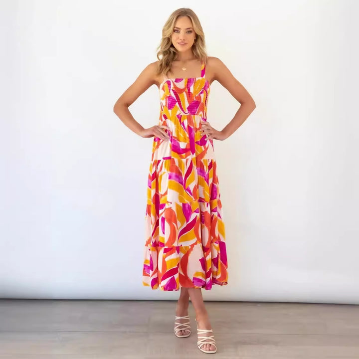 Kvindernes Boho-inspirerede Maxi Kjole med Farverigt Blomster Mønster og Elastisk Top Stilla