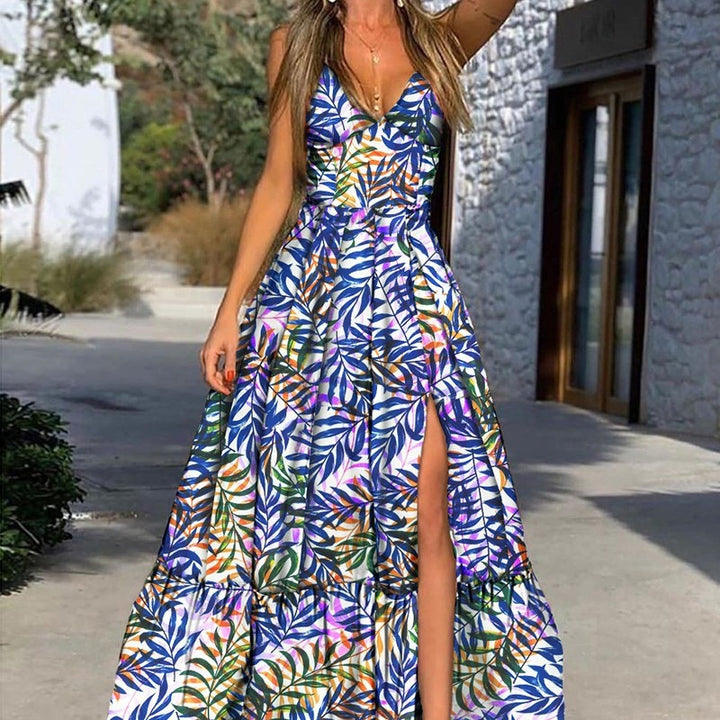 Dame maxikjole med blomsterprint og sidesplit Stilla