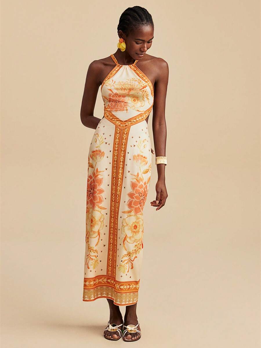 Kvindernes maxi kjole med eksklusiv halterneck design og blomsterprint