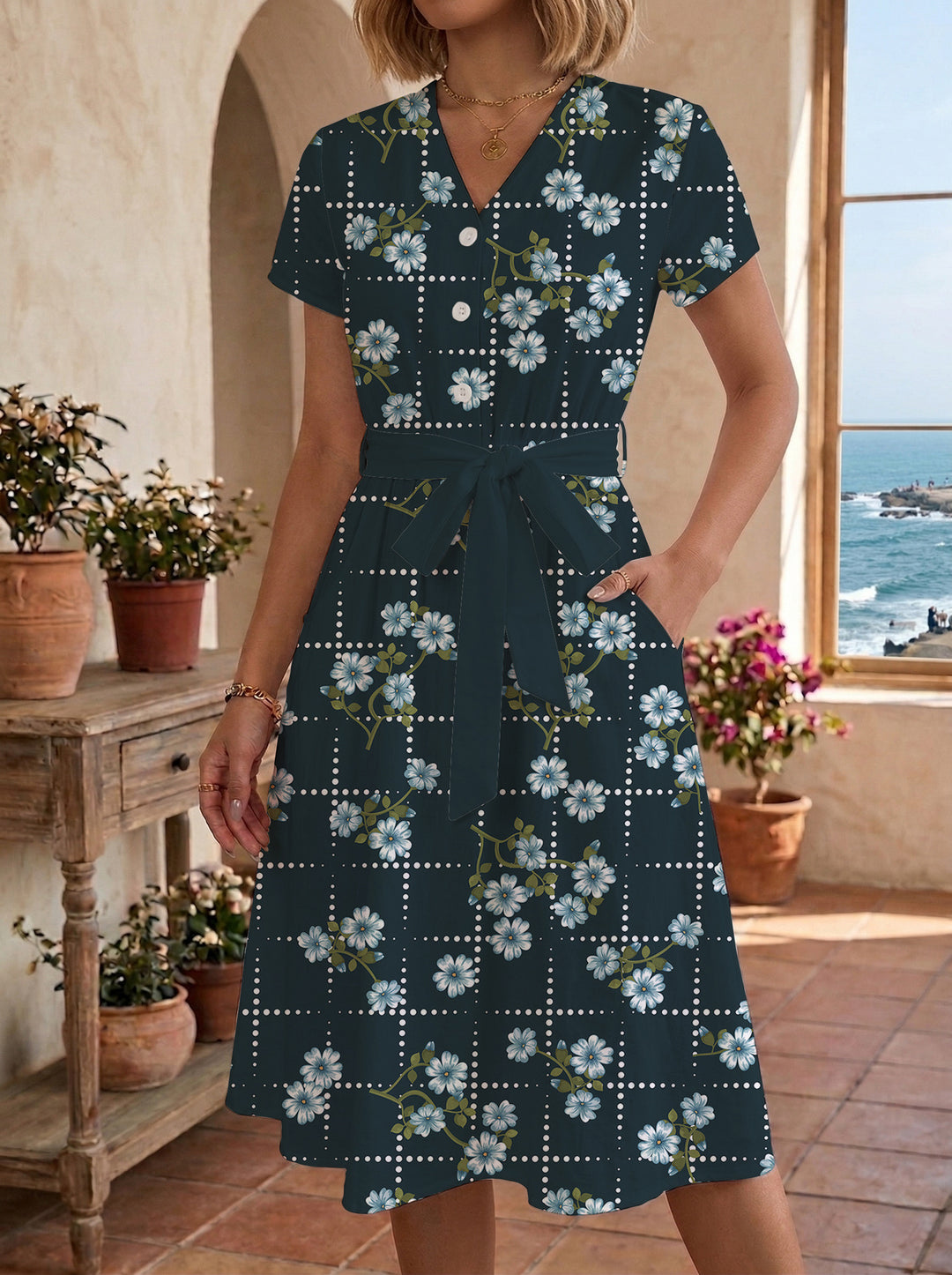 Dame midi kjole med blomsterprint og talje bælte Skovae