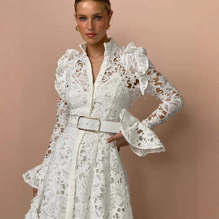 Dame Elegant Maxikjole i Blonde med Flæse Stilla