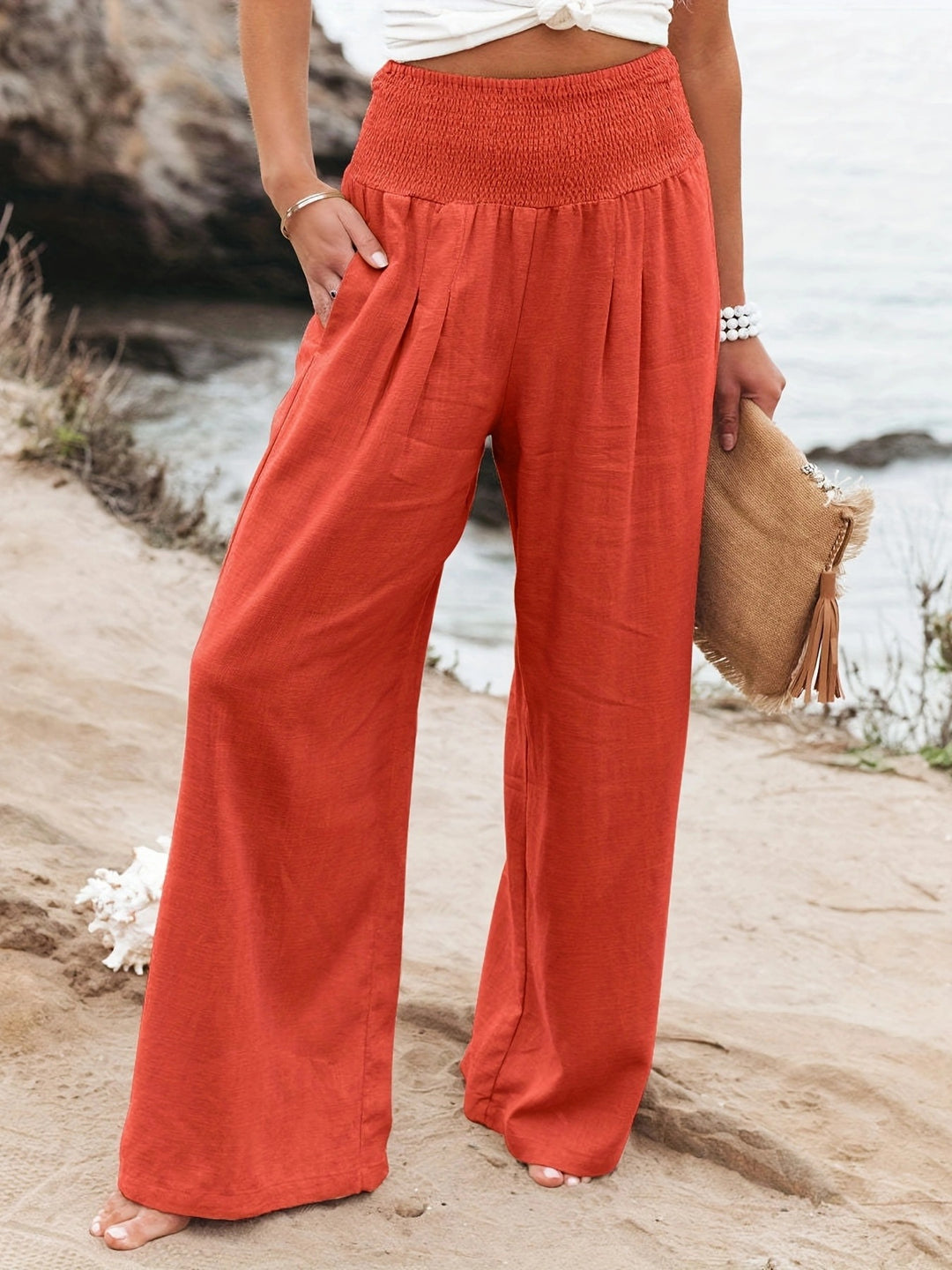 Dame bred sommerbuks med elastisk talje og elegant plissering Stilla