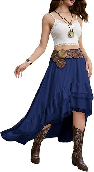 Dame Boho Maxi-nederdel med asymmetrisk kant og spids dekoration Skovae