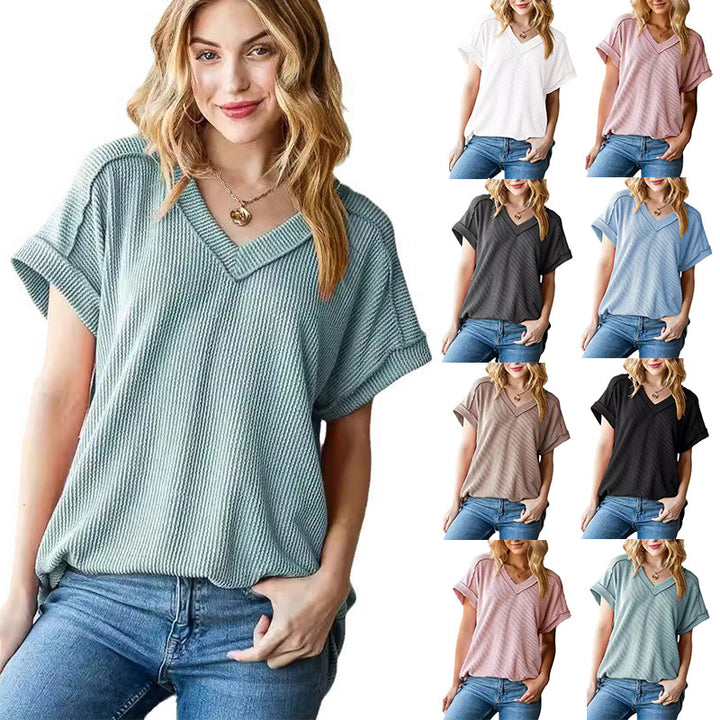 Dame V-hals top i vaffelstrikdesign Stilla