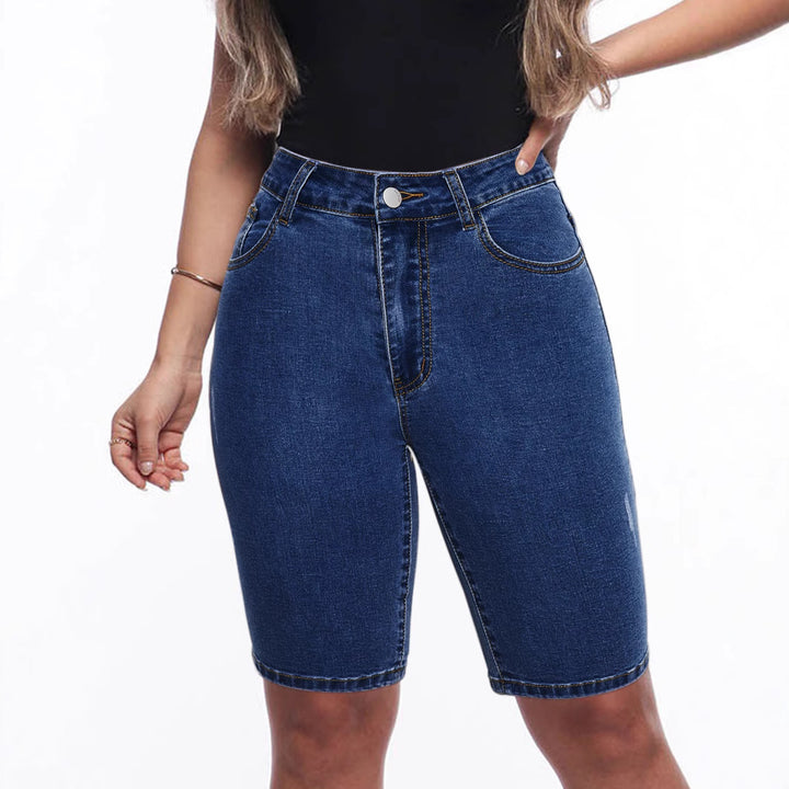 Dame højkvalitets denim-shorts med høj talje og tætsiddende snit Stilla