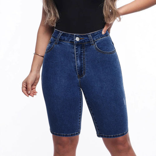 Dame højkvalitets denim-shorts med høj talje og tætsiddende snit Stilla