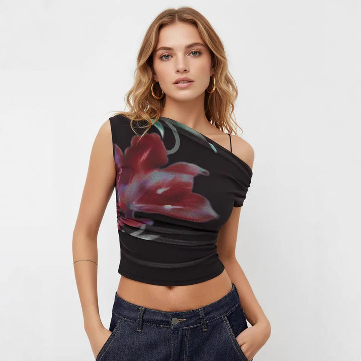 Dame Off-Shoulder Top med blomsterdesign og rynkning Skovae