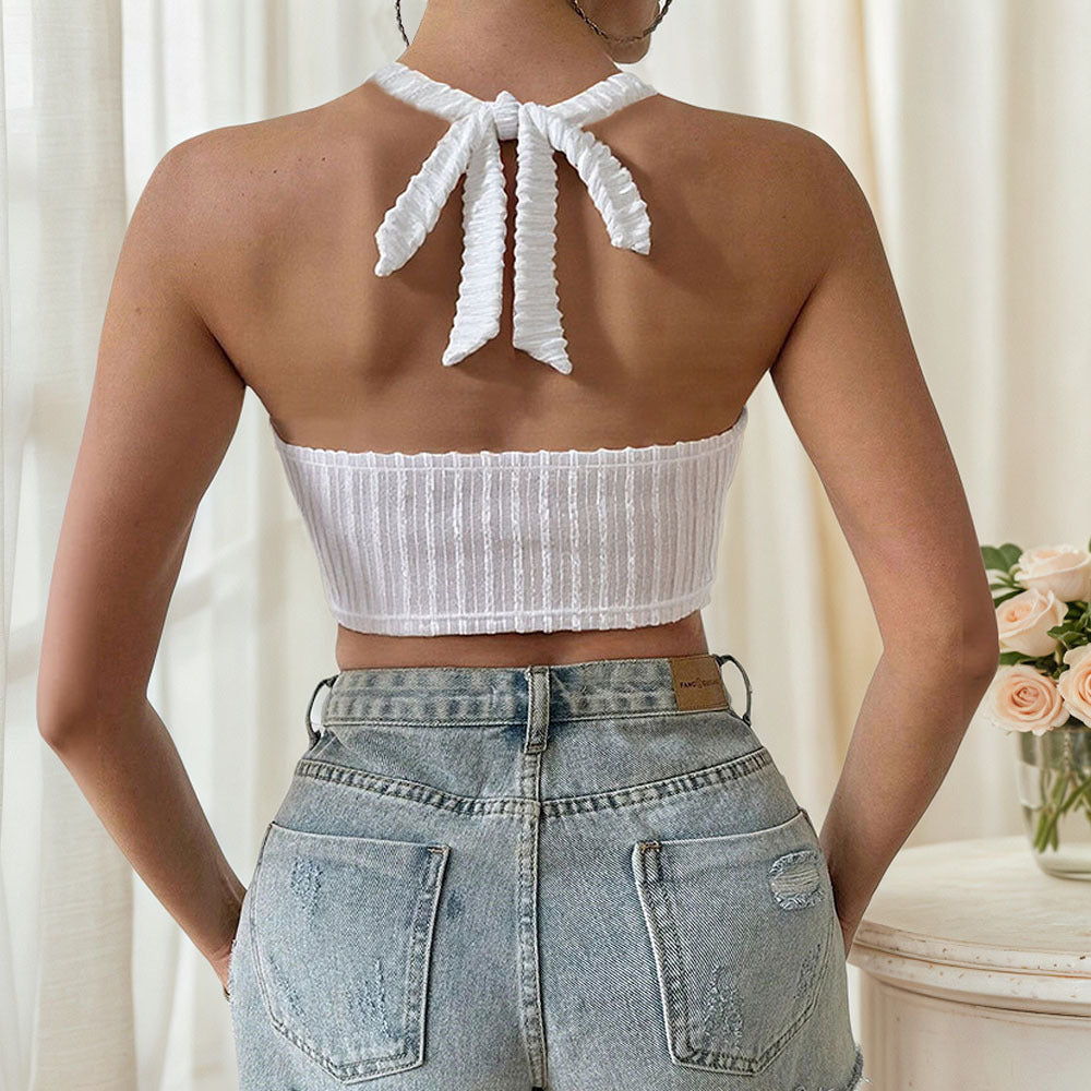 Kvindernes cropped tank top med fine volangdetaljer og elegant hækletrim Stilla