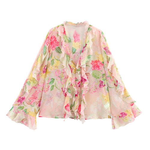 Femme Rynk Blomster Mønster Kimono Jakke Stilla