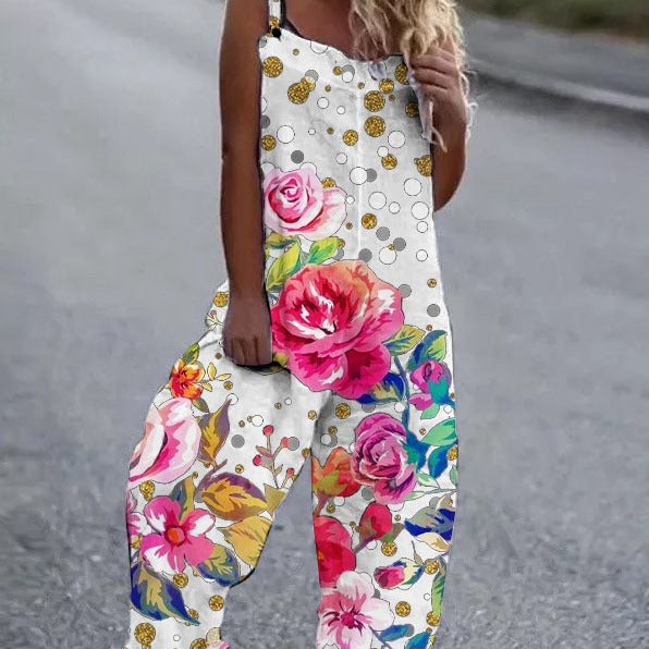 Dame luftig jumpsuit med farverigt blomstermønster og justerbare stropper Stilla