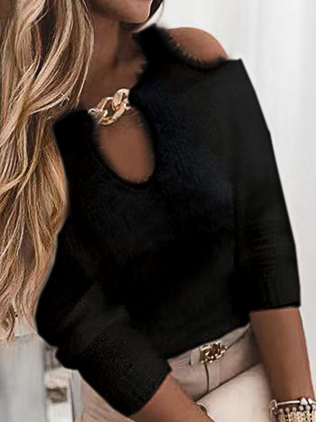 Dame elegant Crop-Pullover med nøgleudskæring og glinsende dekorative detaljer Stilla