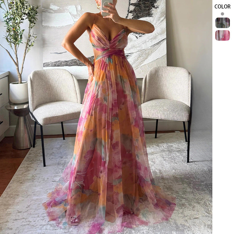 Dames maxi kjole med blomster chiffon design og elegant bælte