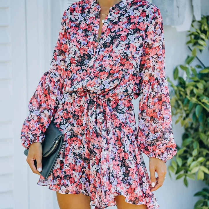 Dame Løs Floral Mini Kjole med Bånd Detalje Stilla