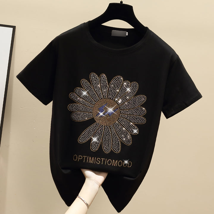 Dame T-shirt med kreativ glimmer-blomstermotiv og inspirerende tekst Stilla