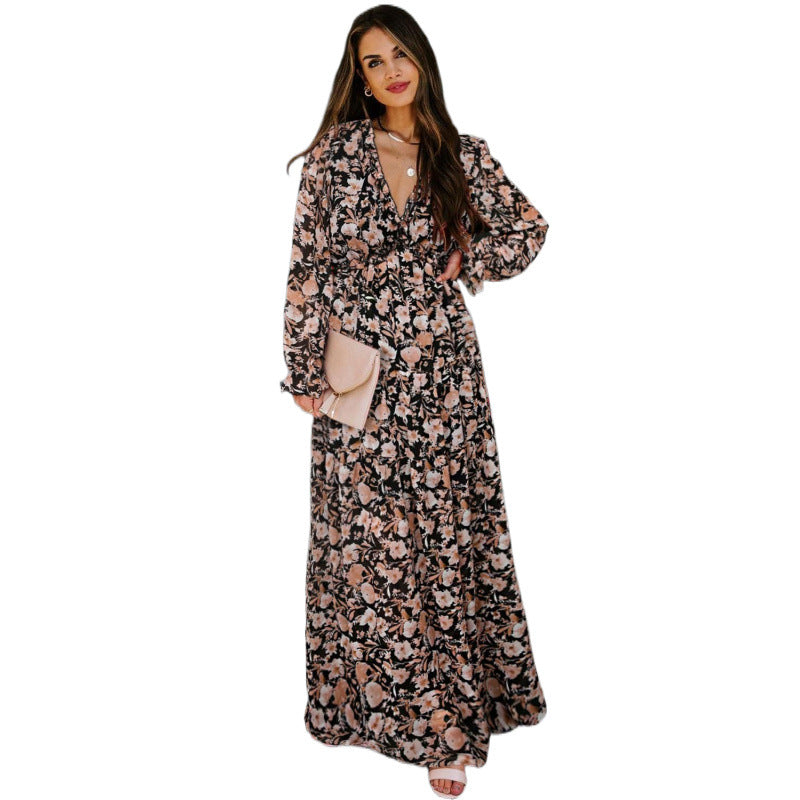 Femme Floral Maxi Kjole med Ruffle ærmer og dyb V-nakke Stilla