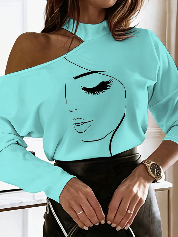Dame Asymmetrisk Langærmet T-Shirt med elegant Ansigtmotiv Stilla