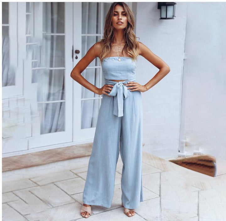 Damer stropløs bred ben jumpsuit med sløjfebånd Stilla