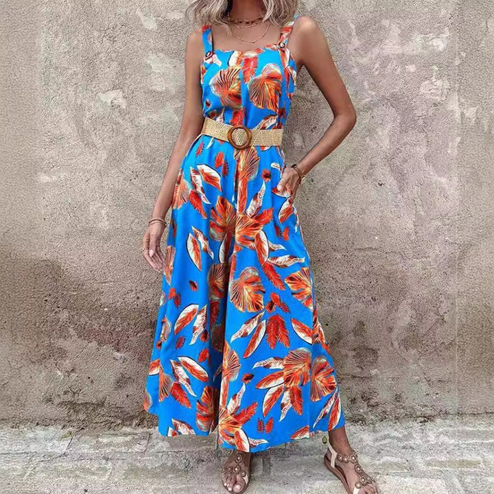 Femme Floral Print Jumpsuit med justerbare stropper og bælte Stilla