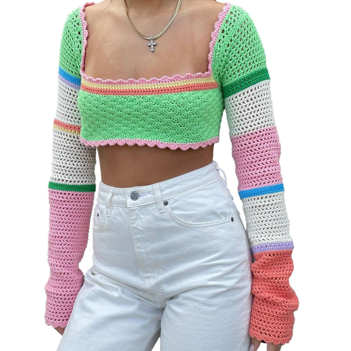 Dame hæklede Crop-Top med brede, farverige ærmer Skovae