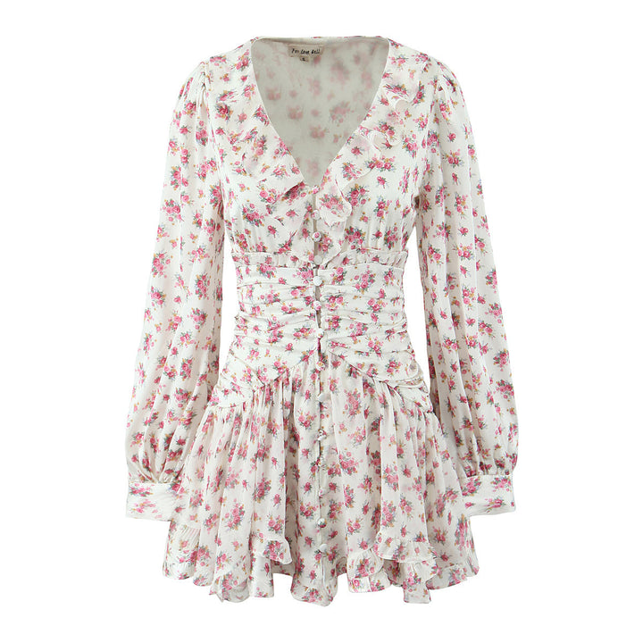 Femme Rüsch Blomster Mini Kjole med Knapdetaljer Stilla