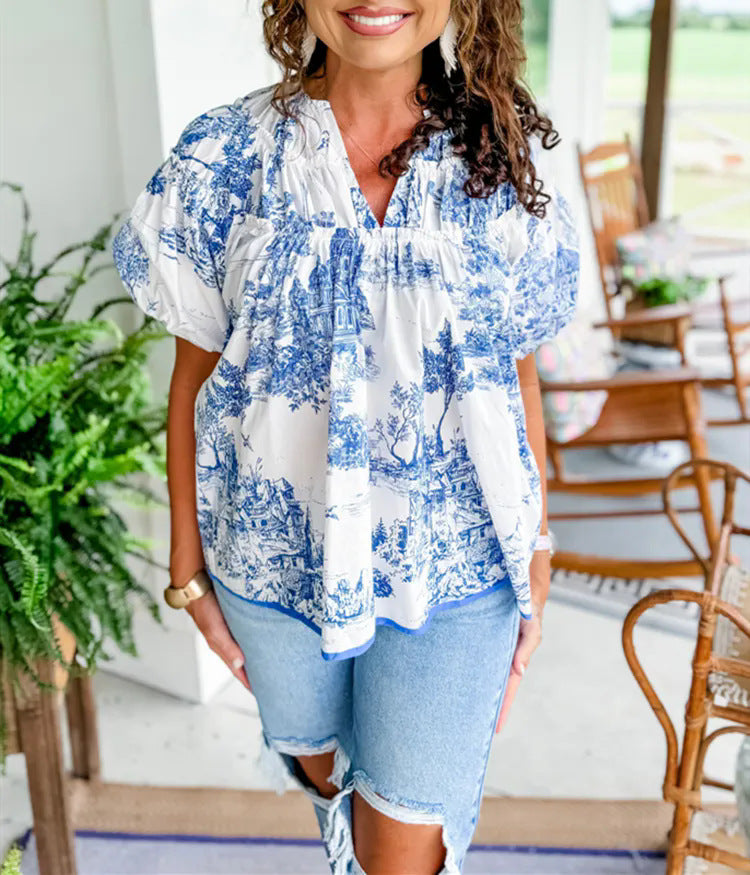Damer Vintage Bomuldsbluse med grafisk tryk Stilla