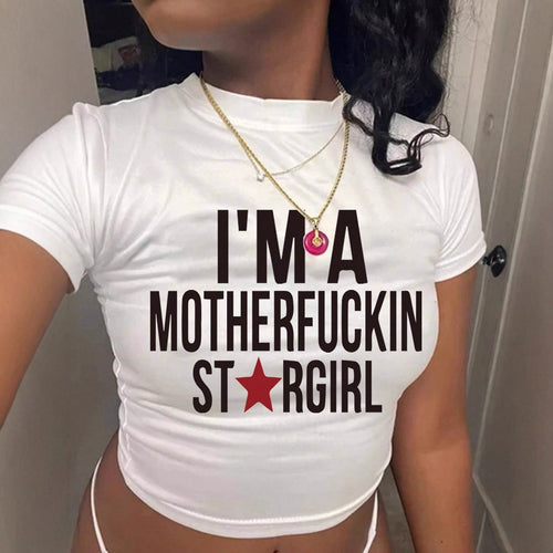 Dame crop top med iøjnefaldende statementtryk Skovae